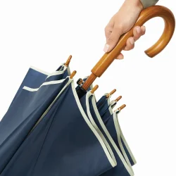 Stockschirm Automatik Regenschirm Ø103 cm Holzgriff Holz-Rundhakengriff Holztipse 89 cm Länge 60 cm Metallspeichen marineblau beige