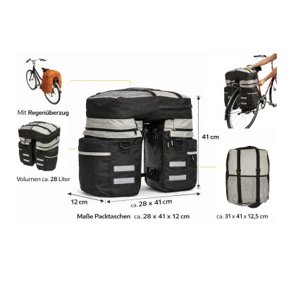 Gepäckträgertasche Fahrrad 3tlg und Fahrradtasche Gepäckträger ca. 28 L Volumen, Fahrrad , Rucksack,Tasche und Packtaschen