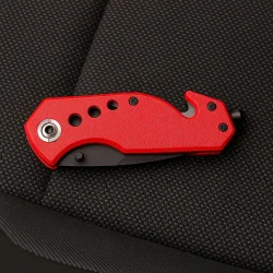 Multifunktionsmesser mit Gurtschneider – Taschenmesser in Rot 15,3 cm mit Nothammer fürs Auto Rettungsmesser aus Metall