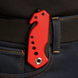 Multifunktionsmesser mit Gurtschneider – Taschenmesser in Rot 15,3 cm mit Nothammer fürs Auto Rettungsmesser aus Metall
