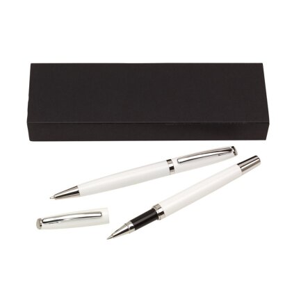 Schreibset Edel Kugelschreiber Geschenkeset Rollball schwarzschreibend Farbwahl Aussenfarbe weiß