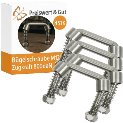 4x Bügelschrauben M12 U-Bügel 77x72 Rundstahlbügel Anhänger nachrüsten – Zugkraft 800daN nur mit Gegenplatte U-bügel