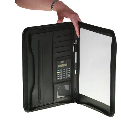 Schreibmappe A4 mit Reißverschluss – Konferenzmappe aus Kunstleder mit Einschubfach, Schreibblock, Taschenrechner, 34x26x3cm