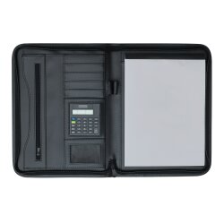 Schreibmappe A4 mit Reißverschluss – Konferenzmappe aus Kunstleder mit Einschubfach, Schreibblock, Taschenrechner, 34x26x3cm