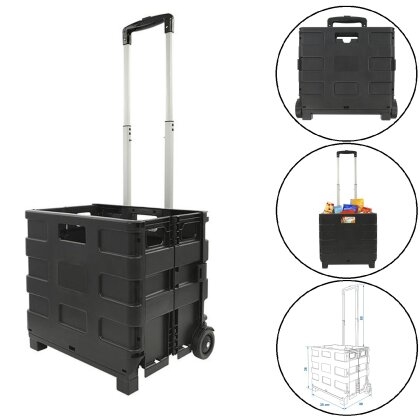 Einkauf Trolley klappbar Klappbox Einkaufwagen Kiste mit Rollen Kunststoff Schwarz faltbar 380x360x300 mm bis 25kg Traglast platzsparend zusammenklappbar Transporthilfe