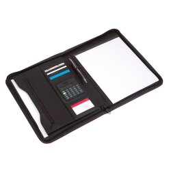 Schreibmappe A4 mit Reißverschluss – Konferenzmappe aus Kunstleder mit Einschubfach, Schreibblock, Taschenrechner, 34x26x3cm Rot