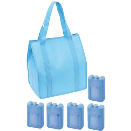 1 x Kühltasche 35x25x38 Einkaufstasche Reißverschluss mit 5 x Kühlakkus Hellblau