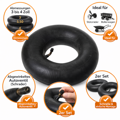 2x Reifen Schlauch für Stützrad 260x85 mm – passend für 3-3,5 Zoll Rad mit Schrader-Ventil, Ersatzschlauch für Schubkarrenrad oder Bollerwagen, 170g aus Gummi