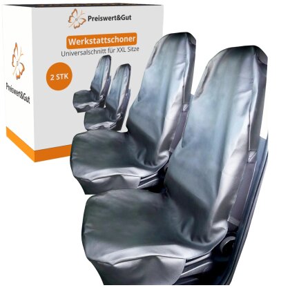 Schonbezug Autositz Vordersitz 2er Set Universal XXL 210x75x60 mit starkem Gummizug Werkstatt Sitzschoner Kunstleder wasserabweisend schwarz Seitenairbag geeignet