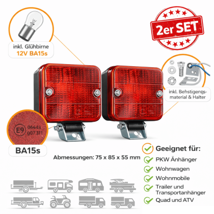 2x Rückleuchte 75x85x55mm Kunststoff Rot 12V Nebelschlussleuchte Set Universal Anhänger Beleuchtung mit Halterung BA15s Birne Heckmontage links rechts