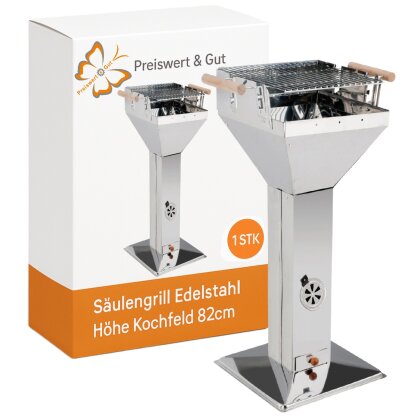 Säulengrill Holzkohle 82 cm Höhe – Holzkohlegrill Edelstahl mit verstellbarem Verchromtem Grillrost 36,5x36,5 cm Standgrill verwendbar als Feuerschale Kohlegrill