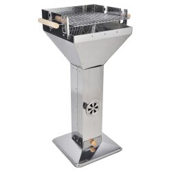 Säulengrill Holzkohle 82 cm Höhe – Holzkohlegrill Edelstahl mit verstellbarem Verchromtem Grillrost 36,5x36,5 cm Standgrill verwendbar als Feuerschale Kohlegrill
