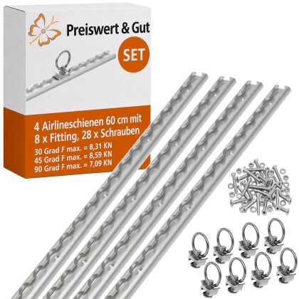 4 STK Airlineschiene 60 cm mit 8 x Fitting, Zurrschienen 28 x Schrauben Belastung 8,31 KN bei 30 Grad, 8,59 KN bei 45 Grad