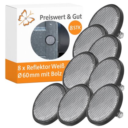 8x Reflektor Weiß Ø60mm Katzenaugen für Anhänger Seitenstrahler mit Bolz M5 Mutter und Unterlegscheibe, Grundplatte