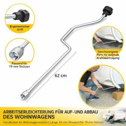 Handkurbel 19 mm Adapter-Verlängerung 620 mm für Wohnwagen Kurbelstützen Anhänger Stützen manuelle Kurbel Stahl geeignet für höhenverstellbare Stützen Caravan Camping
