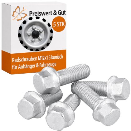 5 x Radschrauben M12x1,5 verzinkt konisch Kugel für Anhänger & Fahrzeuge – Robustes Set aus 40Cr 8,8 Stahl, Schlüsselgröße 17mm