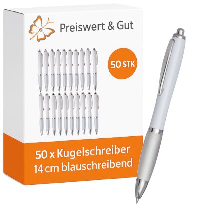 50x Kugelschreiber Kuli Stift Schreibgerät weiß silber 14 cm Kunststoff Stahl Set blauschreibend Großraummine Druckmechanismus taillierte Schaftform für Büro Schule Homeoffice