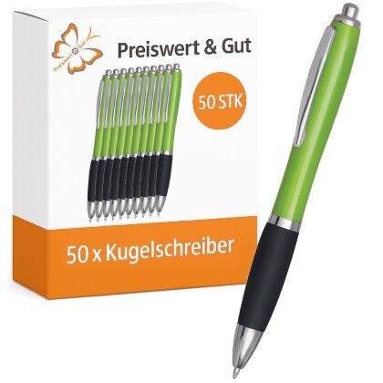 50x Kuli Set 14 cm aus Kunststoff Stahl grün schwarz mit Großraummine blauschreibend Druckmechanismus taillierte Form geeignet für Büro Schule Events Werbezwecke