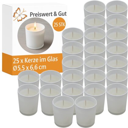 25x Weiße Kerzen im Glas Set mit Wachskerzen Durchmesser 5,5 x 6,6 cm lange Brenndauer dekorative Votivkerzen für Wohnzimmer Schlafzimmer Tischdekoration und stimmungsvolle Atmosphäre