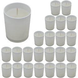 25x Weiße Kerzen im Glas Set mit Wachskerzen Durchmesser 5,5 x 6,6 cm lange Brenndauer dekorative Votivkerzen für Wohnzimmer Schlafzimmer Tischdekoration und stimmungsvolle Atmosphäre