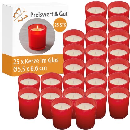 25 x Kerzen im Glas rot Durchmesser 5.5 x 6.6 cm lange Brenndauer dekorative Votivkerzen Wachskerzen Set fuer Tischdeko Feierlichkeiten und Atmosphaere ideal fuer Wohnzimmer Events und saisonale Deko