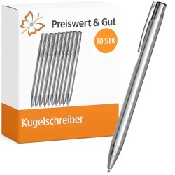 10x Kugelschreiber Schreibset silber aus Aluminium Kunststoff, Druckmechanismus, blaue Mine, mit Clip, 13,7 cm, für Büro Schule
