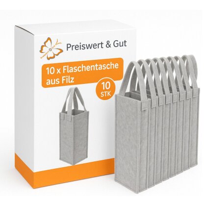 10x Filztasche für Weinflaschen 29,5 x 10,5 x 10,5 cm – Geschenktüten für Weingeschenk beim Rotwein an Weihnachten oder Hochzeit als Weintasche Grau mit 2 Henkeln aus Filz