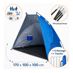 Strandmuschel UV Schutz Strandzelt Sonnenschutz 170x100x100 cm Blau Polyester Fiberglasgestänge Pop-Up-ähnliches Stecksystem freistehend mit Heringen Strand Badesee Camping Garten Festival