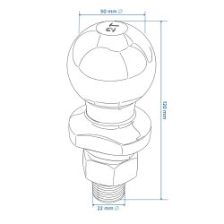 Kugelkopf Anhängerkupplung inklusive Mutter und Federring M22 E13 2000kg 50mm