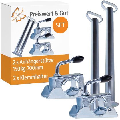 Kurbelstütze Set für PKW Anhänger, 2x Anhängerstütze 700 mm verzinkt 150 kg je Stütze, Ø48 mm Rohrstützen mit 2x Klemmhalter 48 mm, Stützen für einachsige Anhänger