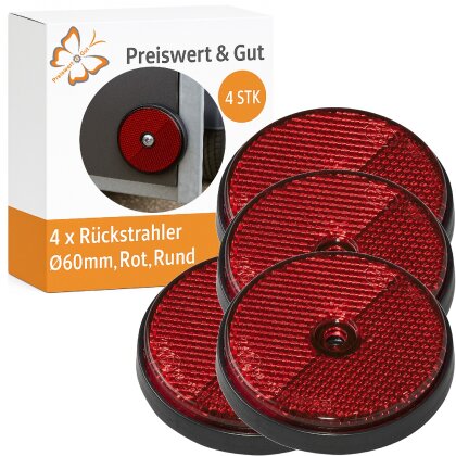 4x Rückstrahler Ø60mm rot mit E4 – Reflektoren mit Schraubloch für Anhänger, PKW, Wohnmobil & LKW – Seitenstrahler wetterfest, langlebig & leicht zu montieren