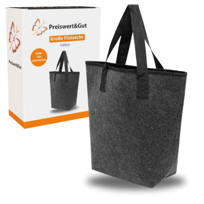 Filztasche Groß Einkaufstasche Faltbar 46x15x40 cm - Anthrazit Polyester mit Bodenverstärkung, Filztasche Klein Stil, Geräumiges Hauptfach, Extra Reißverschlusstasche, Karabiner & Steckfach
