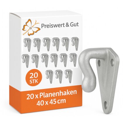 Planenhaken 20er Set 40x45 mm aus feuerverzinktem Gusseisen. Dreiloch-Haken für Anhängernetze und Planen. Robust, korrosionsgeschützt, ideal für Autoanhänger.