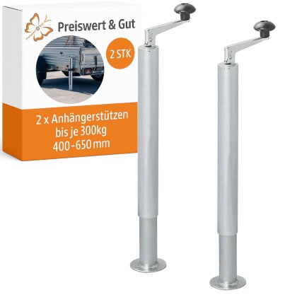Anhängerstütze 2er Set Stahl verzinkt 300 kg PKW Anhänger Stütze 400–650 mm Ø48 mm mit Handkurbel für einachsige Anhänger Standbetrieb ohne Werkzeug