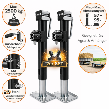 Preiswert&Gut 2 x Anhänger Stützen Höhe 570-925mm - Stützen bis 2500kg Höhenverstellbar mit Handkurbel, Sicherungsbolzen, Flansch - Kurbelstütze für Wohnmobile Anhängerstütze verzinkt