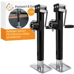 Preiswert&Gut 2 x Anhänger Stützen Höhe 570-925mm - Stützen bis 2500kg Höhenverstellbar mit Handkurbel, Sicherungsbolzen, Flansch - Kurbelstütze für Wohnmobile Anhängerstütze verzinkt