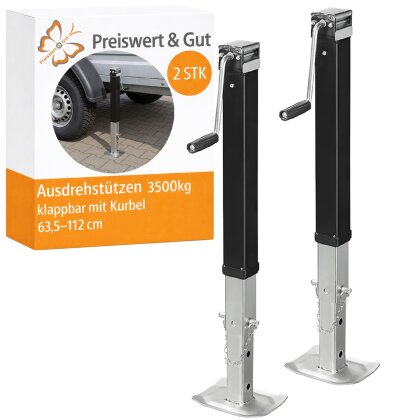 2x Anhänger Stützen Set 3500kg verstellbar mit Kurbel – Anhängerstütze Stahl verzinkt – höhenverstellbare Ausdrehstütze 63,5-112 cm
