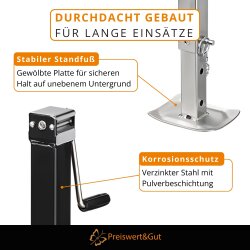 2x Anhänger Stützen Set 3500kg verstellbar mit Kurbel – Anhängerstütze Stahl verzinkt – höhenverstellbare Ausdrehstütze 63,5-112 cm