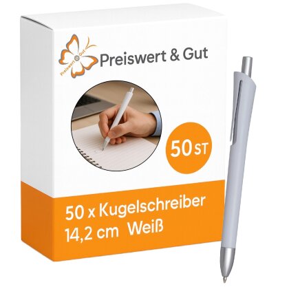 Kugelschreiber Weiß – 14,2 cm Druckkugelschreiber aus Kunststoff – dunkelblauschreibend, langlebig & ideal für Büro, Schule & Alltag – ca. 800–1.000 m Schreiblänge – 50 Stück