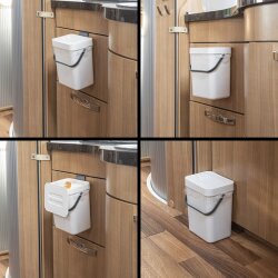 Mülleimer 3 L Weiß mit Deckel – kompakter Abfalleimer für Wohnwagen, Wohnmobil, Caravan & Boot – kleiner Abfallbehälter mit Halterung & Klebepad für Schranktüren – 20×15×12 cm