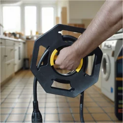 Kabeltrommel leer Kunststoff schwarz gelb Handkabeltrommel mit Drehknopf und Griff für Aufwicklung von Kabel Schlauch Seil bis 25 m Innenachse 13,2 cm