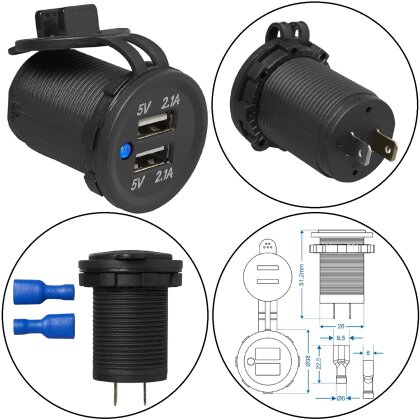 KFZ USB Doppelsteckdose Einbau 12V 24V Dual Ladegerät USB A 2x2100mA mit LED Staubschutzkappe 1 Stück