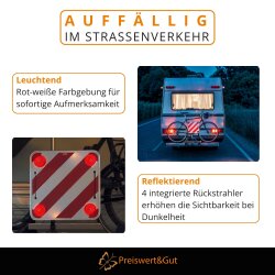 Warnschild Fahrradträger 50x50 cm Warntafel Rot Weiß 4x Reflektor mit E Prüfzeichen Ecken mit 4x Metallösen Fahrradträger Wohnmobil Anhänger LKW Deutschland