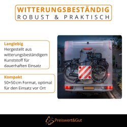 Warntafel 50x50cm für Wohnmobil Fahrradträger Anhänger - Warnschild Rot Weiß aus witterungsbeständigem Kunststoff mit 4 Rückstrahlern 4 Metallösen für Ladungssicherung