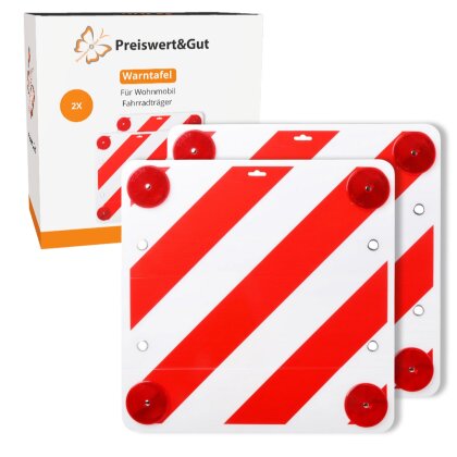 2x Warntafel Rot Weiß Warnschild Fahrradträger 50x50 cm 4x Reflektor mit E Prüfzeichen Ecken mit 4x Metallösen Fahrradträger Wohnmobil Anhänger LKW Deutschland