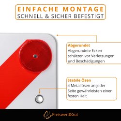 2x Warnschild Fahrradträger Warntafel Rot Weiß 50x50 cm 4x Reflektor mit E Prüfzeichen Ecken mit 4x Metallösen Fahrradträger Wohnmobil Anhänger LKW Deutschland