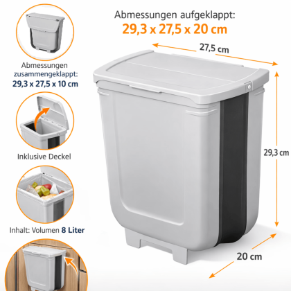 Abfalleimer faltbar 8L für Wohnwagen Wohnmobil Caravan Küche Wandmontage Schranktür Mülleimer Camping Küche Abfallbehälter grau PP 29,3x27,5x20 cm klappbar platzsparend