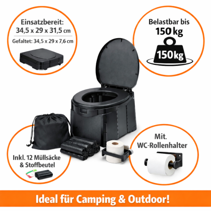 Campingtoilette faltbar 34,5x29x31,5cm Mobil Toilette ABS schwarz 150kg belastbar mit 12 Müllsäcken WC-Rollenhalter Stoffbeutel - Trenntoilette klappbar 34,5x29x7,6cm ohne Chemie