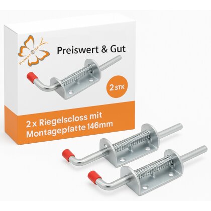 Riegelschloss 2x Federbolzen mit Montageplatte 4 Löcher Ø6 mm verzinkter Stahl Türen Tore Türriegel Federverriegelung 146 mm Stift Torverriegelung Sicherheitsriegel