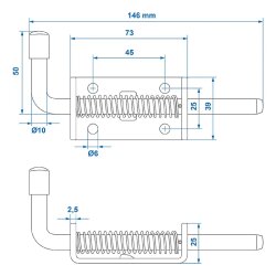 Riegelschloss 2x Federbolzen mit Montageplatte 4 Löcher Ø6 mm verzinkter Stahl Türen Tore Türriegel Federverriegelung 146 mm Stift Torverriegelung Sicherheitsriegel